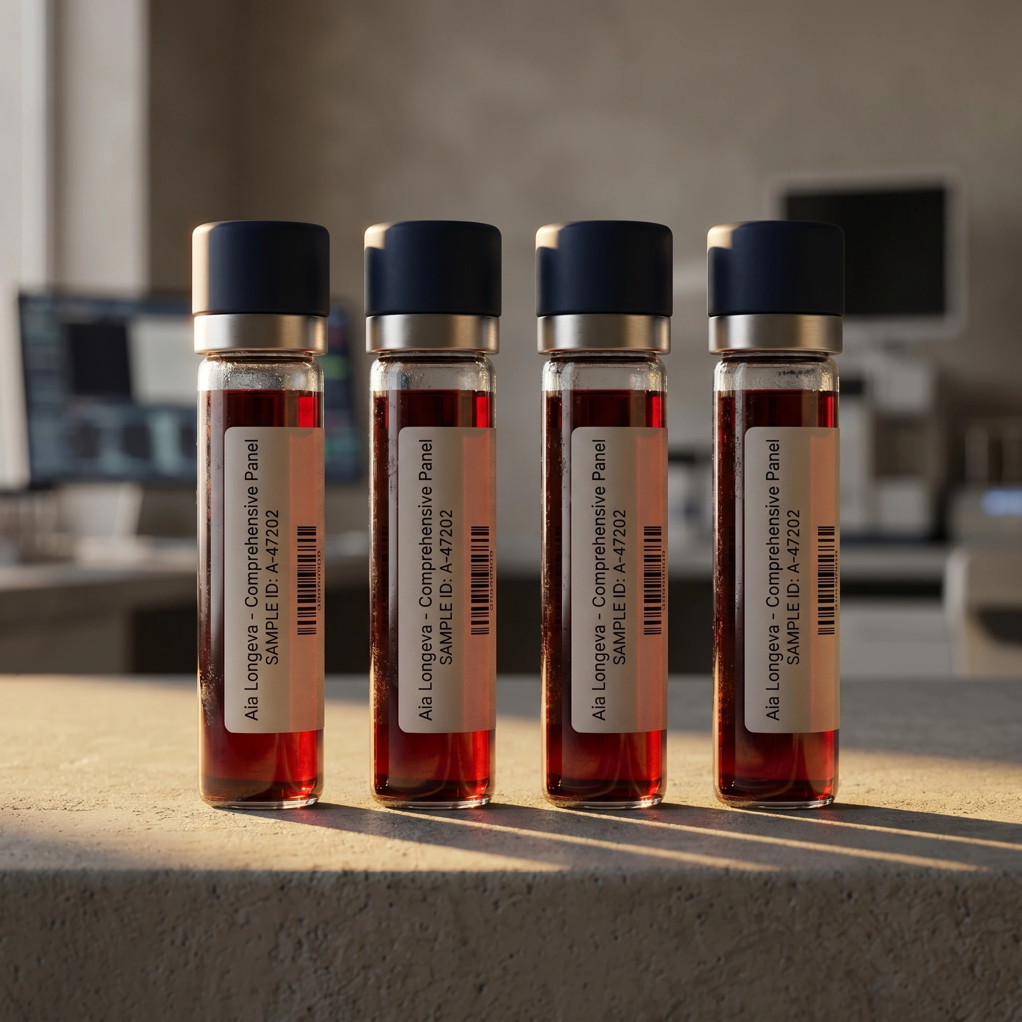 Blood sample tubes representing the AIA Longeva biomarker panel