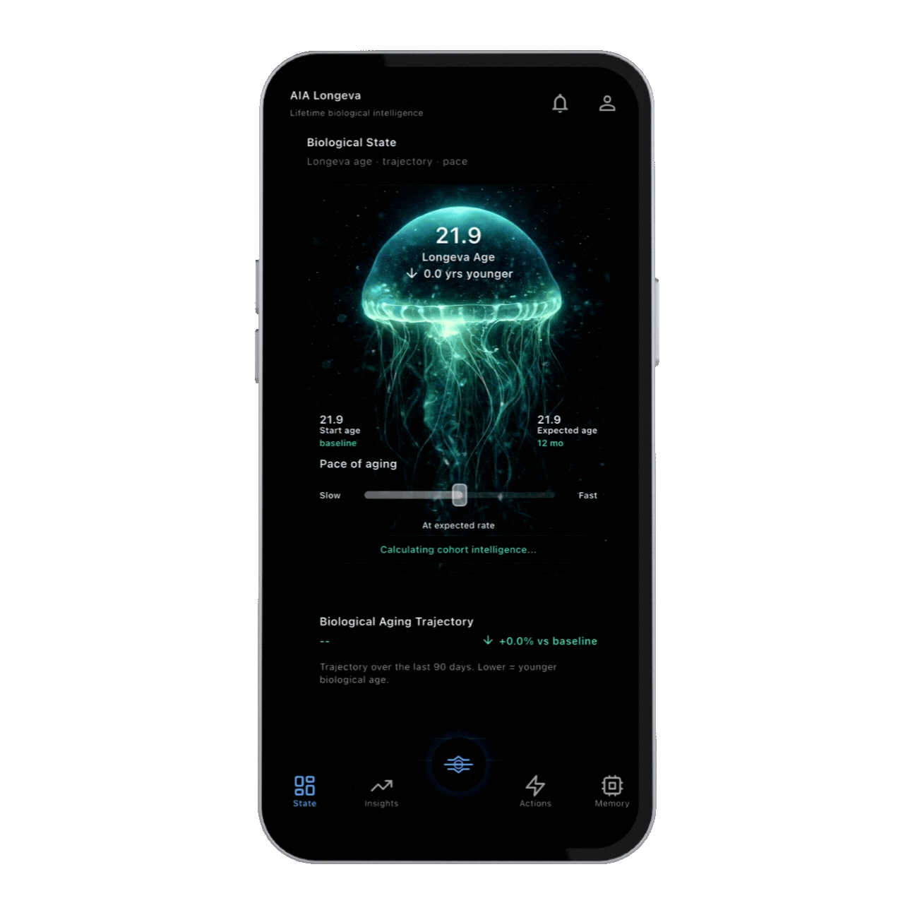 Aia Longeva app screen showing Biological Memory and biomarker overview