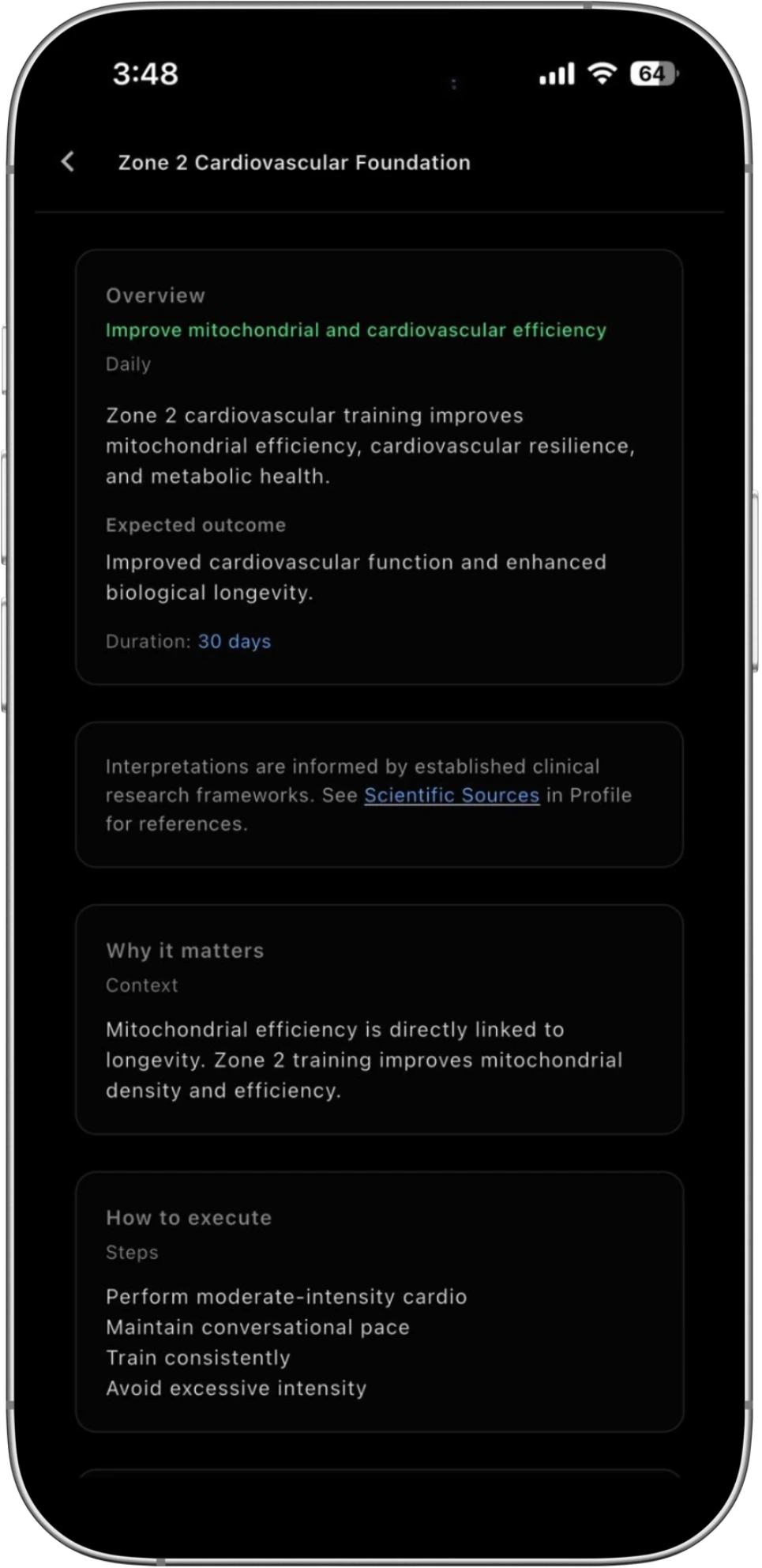 AIA Longeva app screen explaining how to improve cardiovascular efficiency