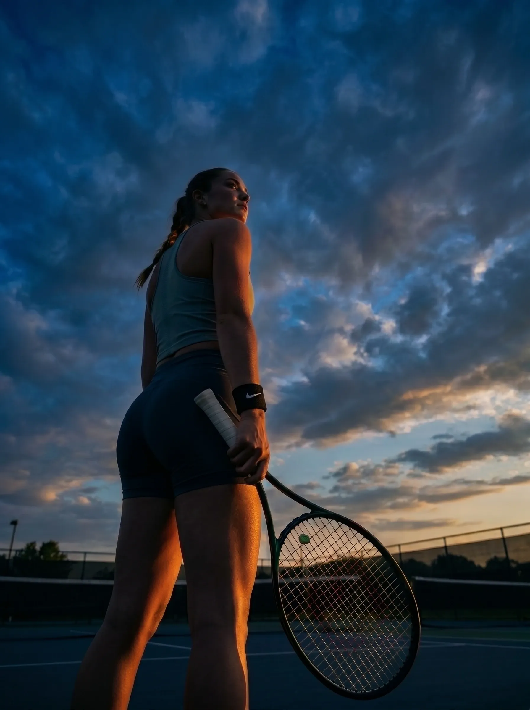 Woman standing on a tennis court beneath a dramatic sky